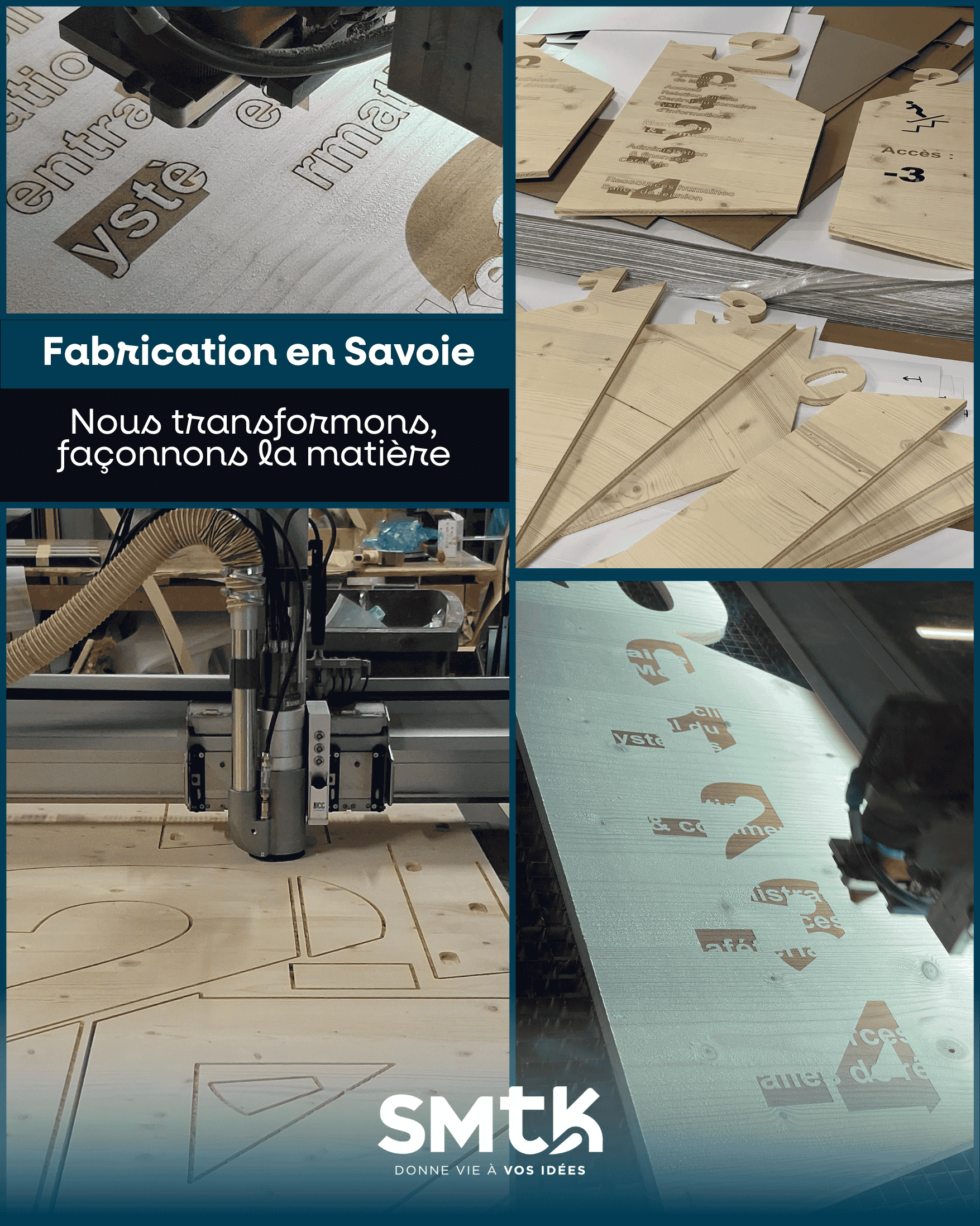 détail gravure laser bois signalétique smtk